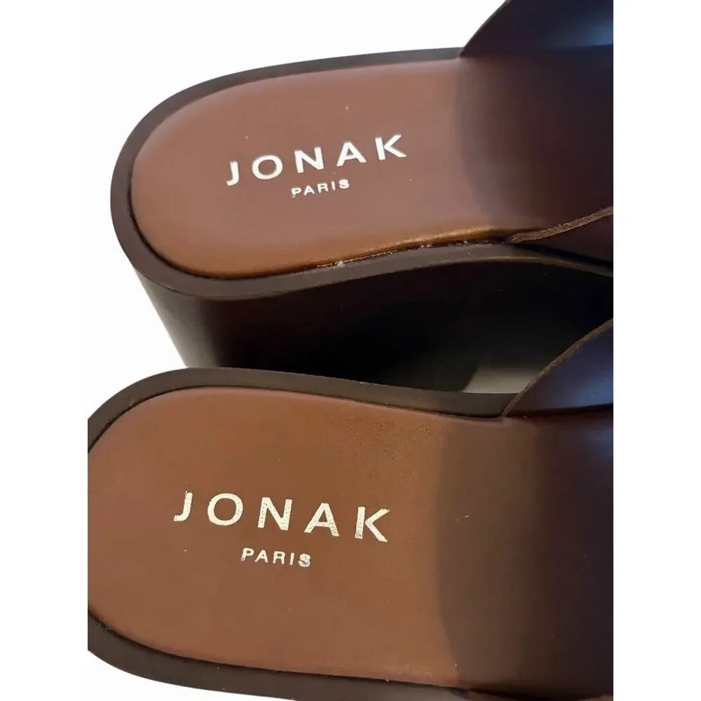 NEW Jonak Paris Platform Wedge Mules Sandals •EU 38/ US 7• Brown Leather $275 - Picture 6 of 11